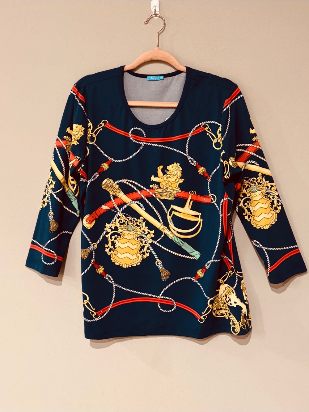 J. McLaughlin Signature 3/4 Sleeve Tee XL Equestrian Nouveau Nautical Royal Chic